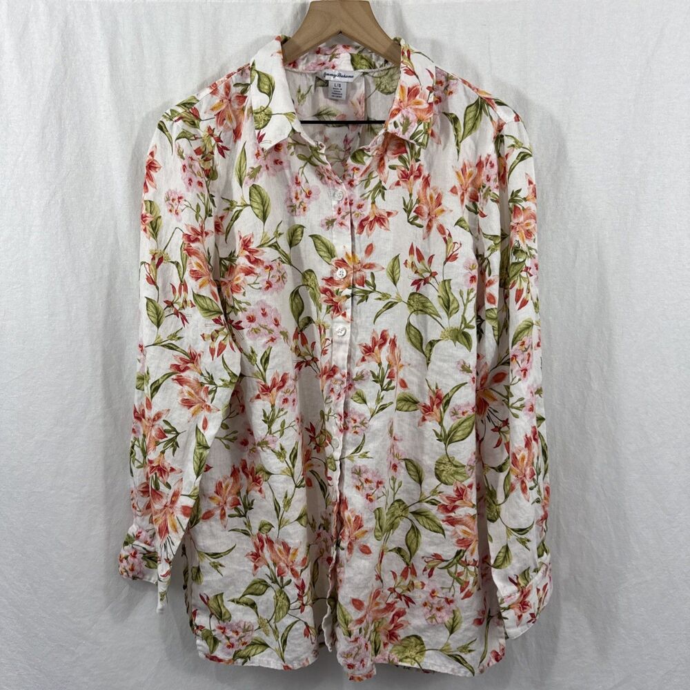 Tommy Bahama Womens Sz L Floral Multicolor Linen Long Sleeve Button Up Shirt